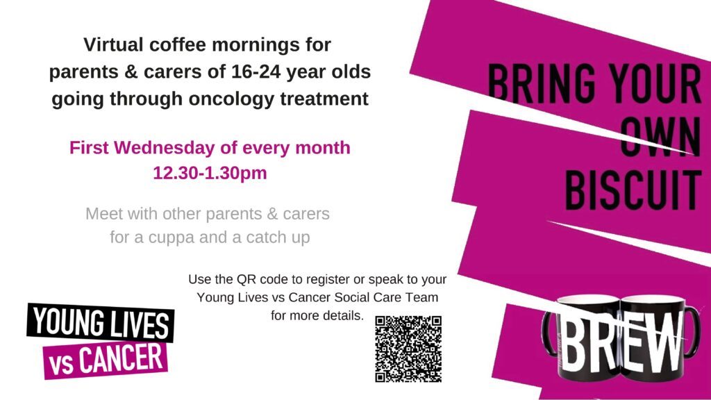 Bring Your Own Biscuit Virtual Coffee Morning advertisement for 16-24 year olds - First Wednesday of every month 12.30 - 1.30pm.