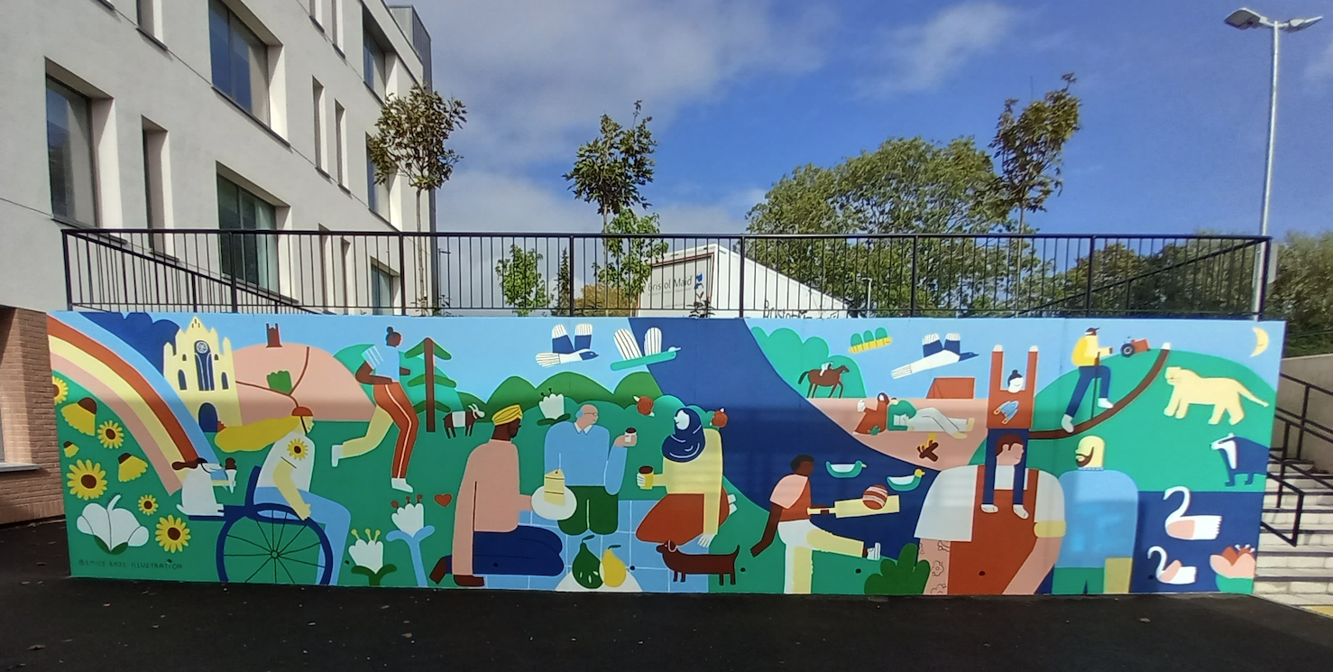 The colourful artwork painted onto the wall outside the new Emergency Department at Worcester