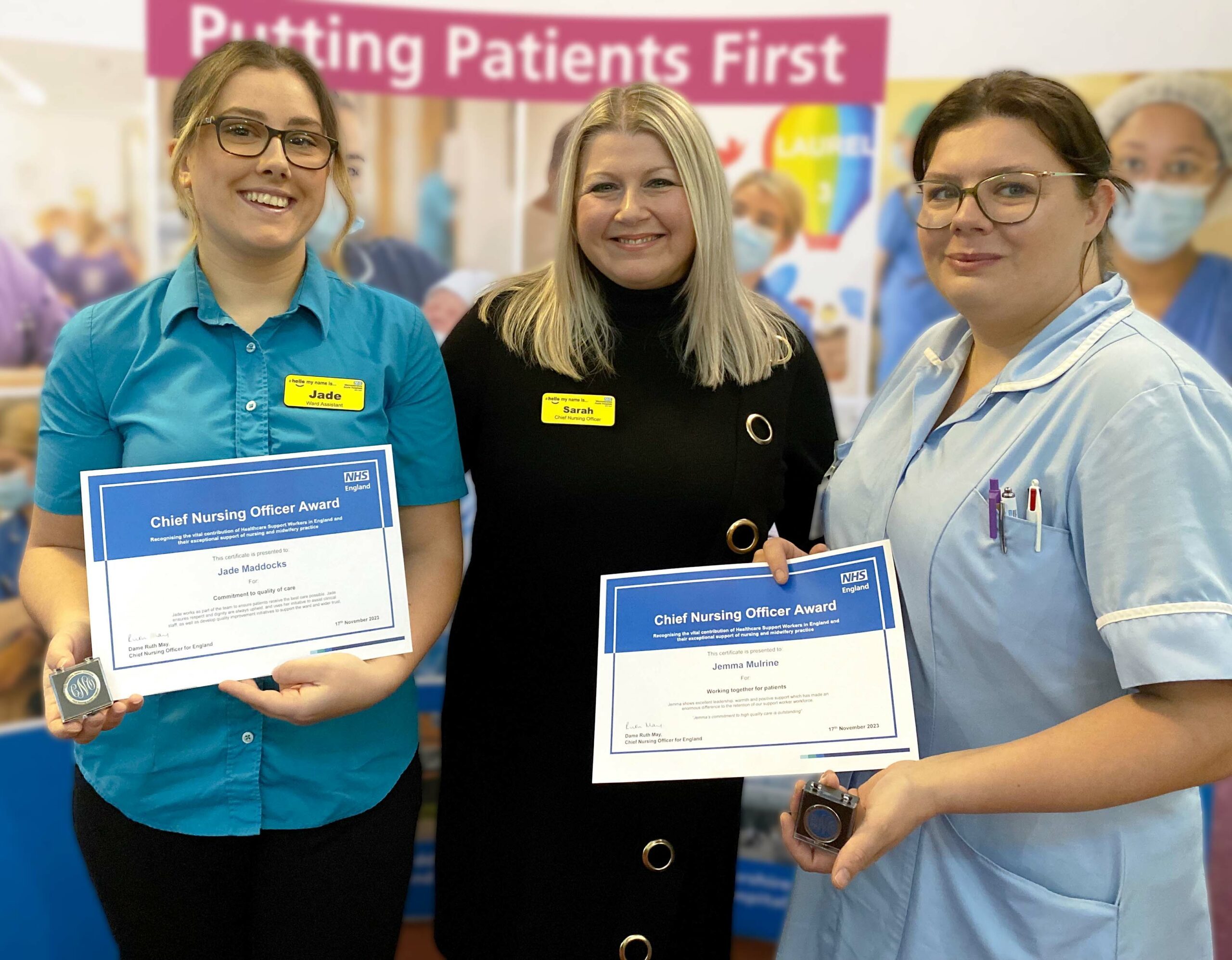Jade Maddocks (left) and Jemma Mulrine (right) with their Chief Nursing Officer Healthcare Support Worker Awards, after being presented by Chief Nurse of Worcestershire Acute Hospitals NHS Trust, Sarah Shingler (centre).