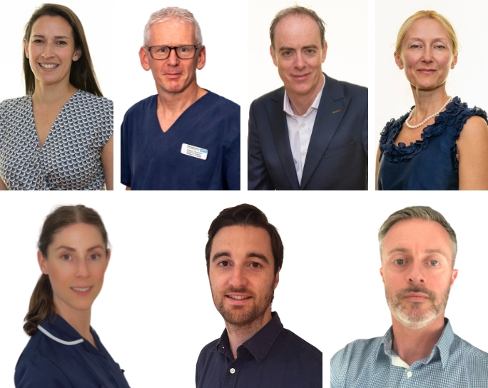 Team picture, including on the top row (from left to right):Miss Donna Ghosh (Service lead), Mr Angus Thomson (Consultant), Mr Jon Hughes (Consultant), and Miss Price (Consultant). Bottom row includes (from left to right): Joanna Street (Endometriosis Specialist Nurse), Mr Richard Wilkin (Consultant Colorectal Surgeon), and Dr Rob Johnson (Consultant Radiologist).
