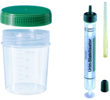 100ml green topped container for urine collection, 15ml Monovette for sending urine for investigation to lab, 30ml plain universal in event of small sample.The concentration of Boric Acid has been shown to be inhibitory to bacteria if the volume is below 10 ml. If less than 10 ml urine use a white topped universal and send at least 1 ml.
