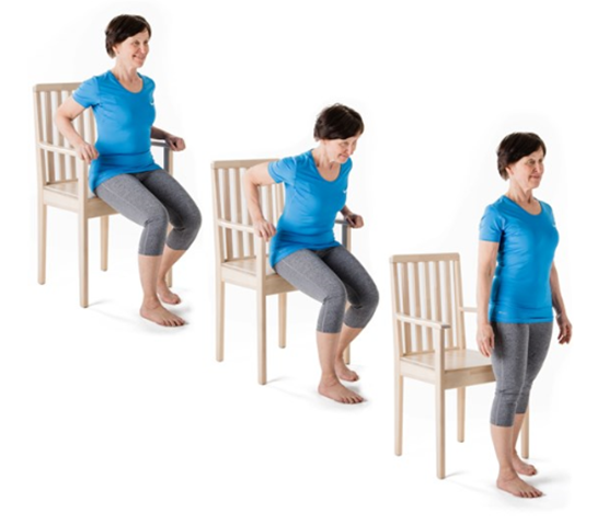 Person standing from seated with main leg slightly in front of the other for stability