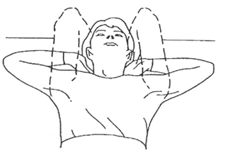 Person lay hands behind head open elbows to side and close in front of body