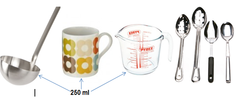 Picture of household measures, ladle, mug, measuring jug and spoons