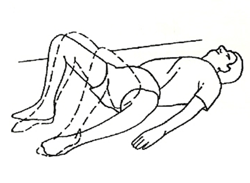 A diagram of an individual lay flat on the ground with feet facing each other and knees bent and dropped out to each side