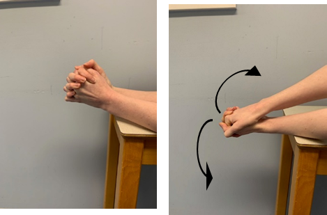 An image of forearms resting on a table the wrists on the edge and hands are clasped over the side. A second image shows the arms being rotated to turn each hand on top. Arrows show the movement. 