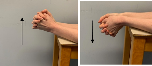 An image of forearms resting on a table the wrists on the edge and hands are clasped over the side. A second image shows the hands moving up and down. Arrows show the movement. 