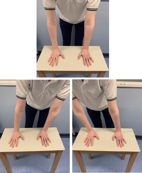 An image of an individual pressing both hands into a table top and in second and third images moving their weight side to side