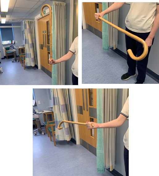 Images show an individual holding the bottom end of a walking stick so it is upright, then rotating to the left and right