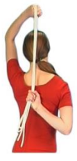 Person holding rope in both hands over head and behind back top hand pulls lower hand up
