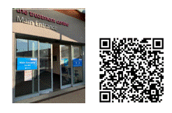 Photo of main entrance of Kidderminster Treat Centre and image of QR code which takes you to hospital website
