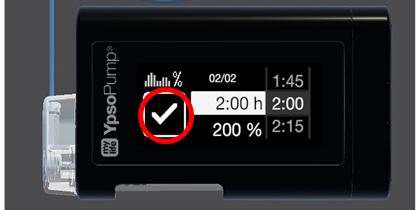 Photo of the Ypsomed CamAPS  screen, red circle shows tick