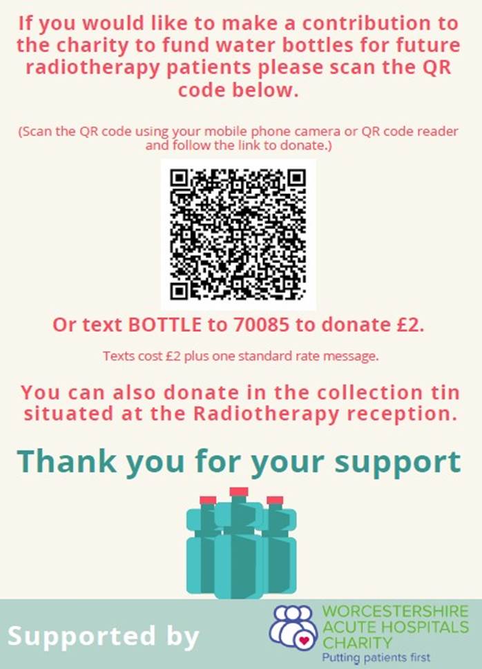 QR code with link to donate to fund water bottles for raadiotherapy patients. Text to donate details and image of water bottles 