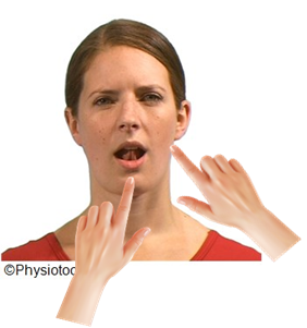 An image of an individual shown from the front their mouth is open and their tongue is touching the roof of their mouth. One finger is on their chin and one finger is on the jaw joint