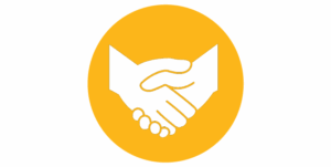 Yellow circle. Graphic picture of hands in white, shaking hands with each other.