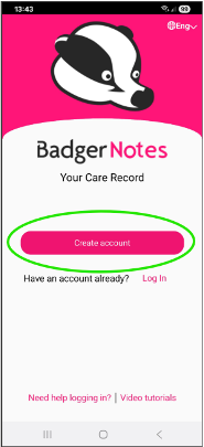 A view of creating an account in Badger Notes