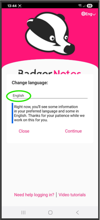 A view of changing the language in Badger Notes