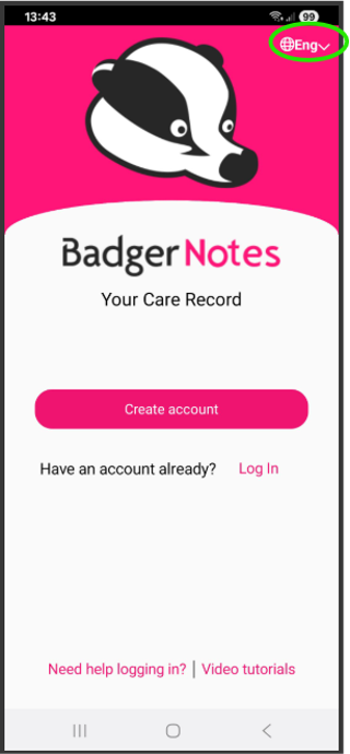 A view of the drop down menu for changing the language in Badger Notes