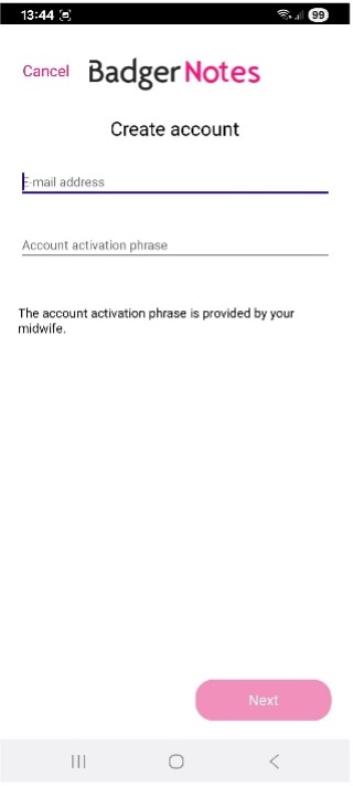 A view of entering an email address to create an account in Badger Notes