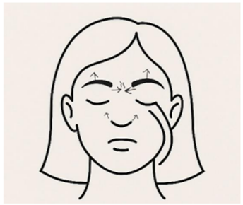 A drawing of a persons face that frowns by bringing the eyebrows together, raises its eyebrows and sniff deeply through the nose