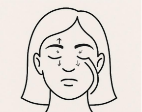 A drawing of a persons face that looks downwards, gently presses the upper eyelids