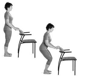 A picture of a person standing behind the chair, bend knees and straighten both legs 