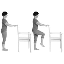 A picture of a person standing behind the chair, with control, lift your knees as high as possible and march with even rhythm