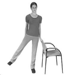 A picture of a person standing behind the chair, slowly take your leg out to the side, keeping your knee straight and toes pointing forwards