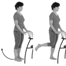 A picture of a person standing behind the chair, keeping your knees facing forwards stand on one leg and bend the other knee, taking your heel slowly towards your bottom