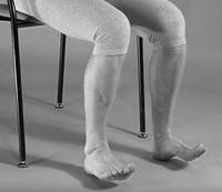 A picture of a person sitting on a chair, bare feet on the floor. Motion to lift toes, keeping heels in contact with floor