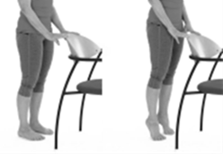 A picture of a person standing behind the chair, standing tall rising onto the toes with control. 