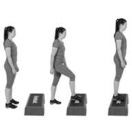 A picture of a person demonstrating how to step up the step of the stairs