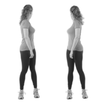 A picture of a person in a standing position demonstrating rotating the shoulders side to side
