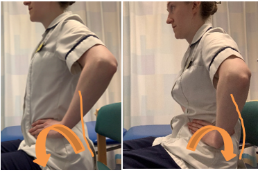 A picture of person in a seated position with their hands on the hips. Demonstrating the movement of tilting the pelvis.