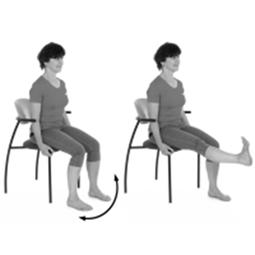 A picture of a person sitting on a chair with its back straight. Move to straighten knee, pointing toes to ceiling.