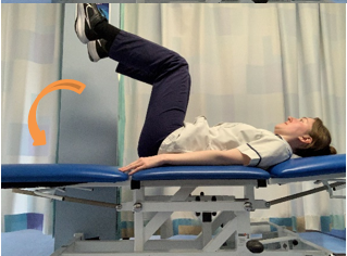 A picture of a person lying on their back on a bed with their knees bent. Slowly lift both legs keeping the knee bent