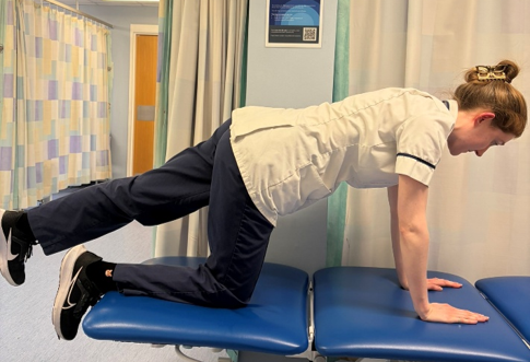 A person on hands and knees on the bed. Slowly lift one leg towards the back horizontally