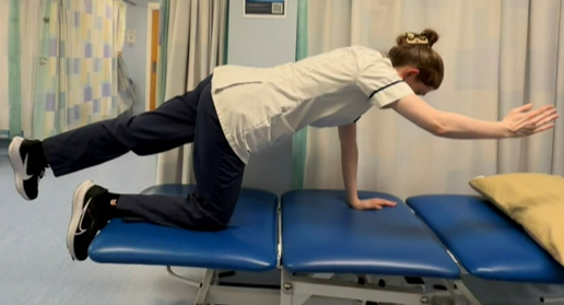 A person on hands and knees on the bed. Slowly lift one arm towards the front horizontally and slowly lift opposite leg towards the back horizontally at the same time